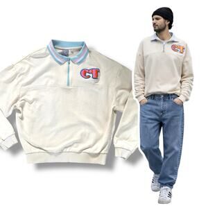 Crooked Tongues 1/4 Zip Collared Sweatshirt Mens Small Cream Pastel Streetwear